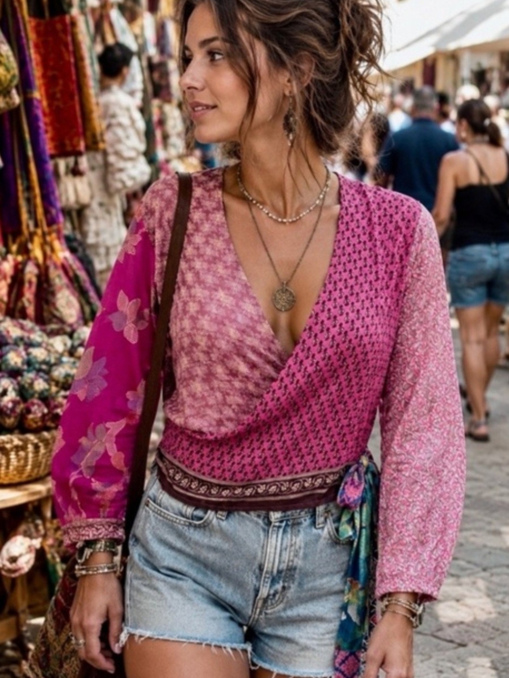 Jaded Gypsy Boho Sari Wrap Top in Blue & Red